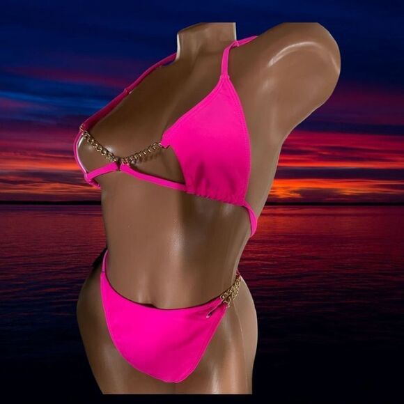 Gold Accented Hot Pink l String Triangle l Bikini l Thong l M/L l New - Picture 6 of 9